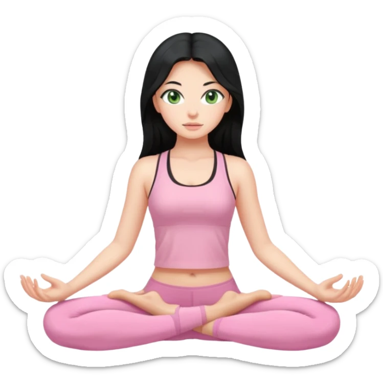 Girl with super long black hair with green eyes doing yoga with light pink clothes sticker