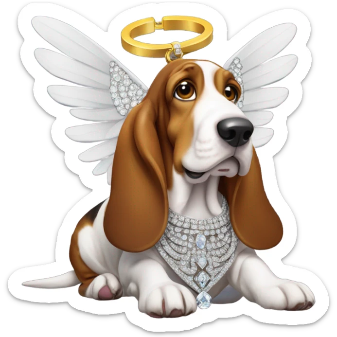 Elderly Basset hound with angel wings, wearing a large letter D bling necklace sat in a meadow  sticker