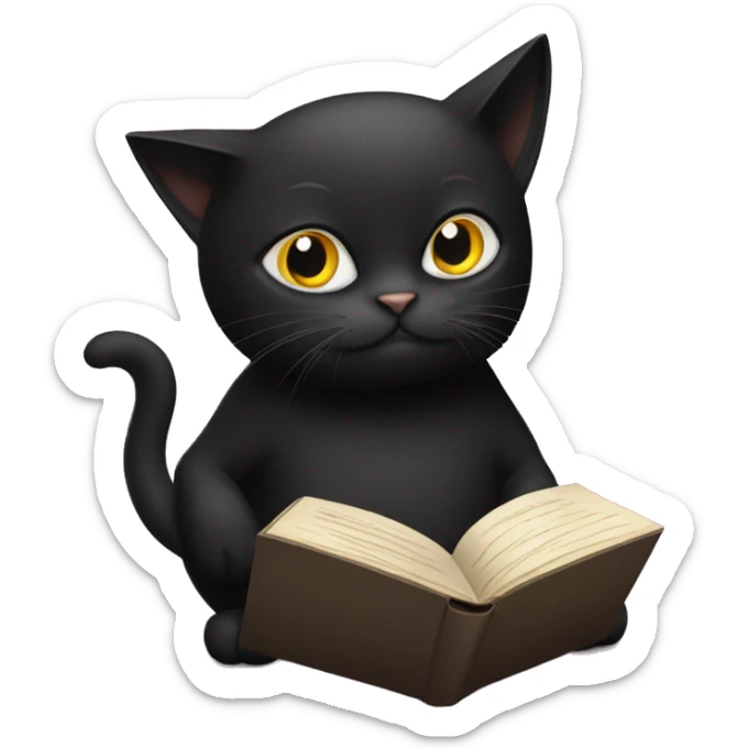 A black cat reading a book with the words miau miau on the cover sticker