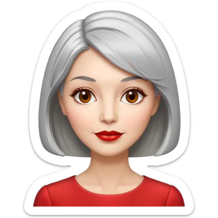 Sophisticated 70s woman with silver-gray bob cut, fair skin, almond eyes, distinctive cheekbones, wearing red lipstick and red blouse, warm friendly expression sticker