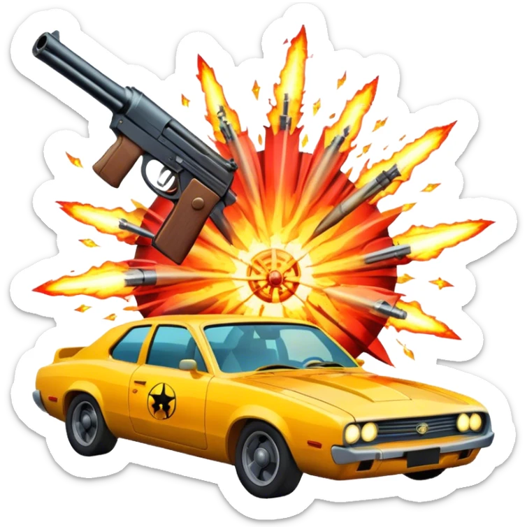 Icon for Action Movies: Close-up collage with dynamic explosions, guns, cars and heroic figures. Include iconic weapons, dramatic lighting and high-energy scenes that capture the essence of action films. Vibrant colors and intense motion. Transparent background. sticker