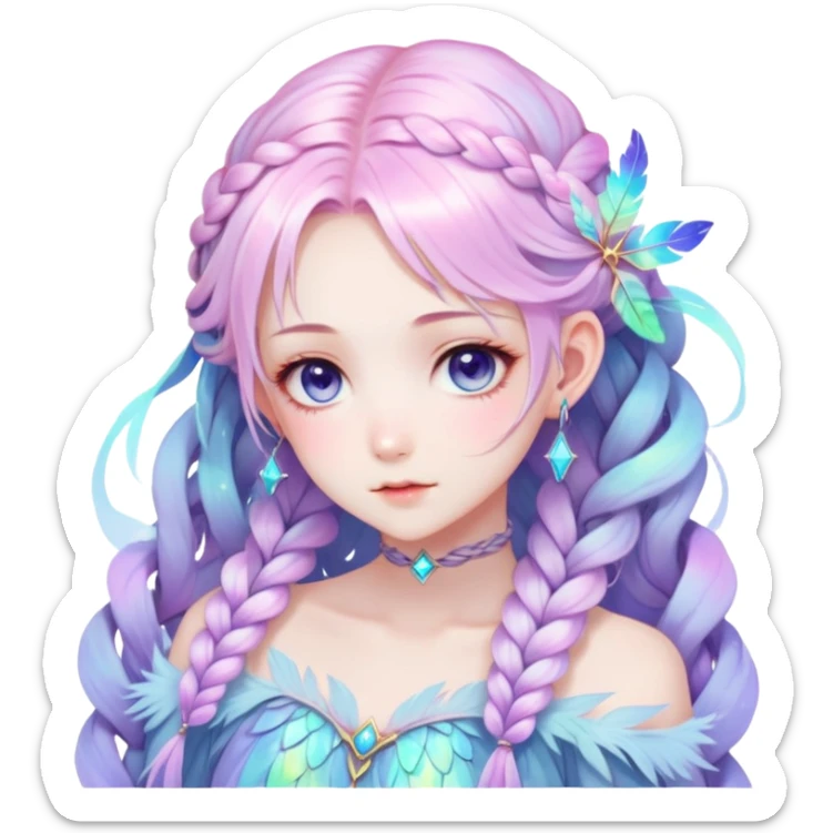 Beautiful gorgeous anime lady with beautiful iridescent-nebula-braided-hair, fashion aesthetic, ethereal, fairycore, pastelcore, feathers sticker