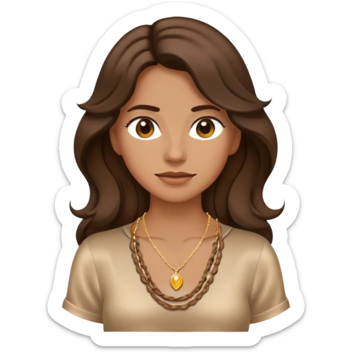 "Emoji femenino con cabello castaño oscuro, largo y ondulado. Tono de piel bronceado. Viste camisa satinada marrón clara y lleva collares delicados. Diseño minimalista pero elegante. sticker