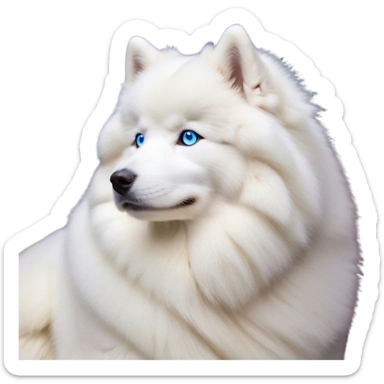 Cinematic Noble Samoyed Portrait Emoji, Poised and regal, with a majestic, sturdy build and a luxuriously fluffy pure white Fur, deep-set soulful blue eyes, Simplified yet sharp and sophisticated features, highly detailed, glowing with a soft, dignified glow, high shine, intelligent and gentle, stylized with an air of elegance, focused and attentive, soft glowing outline, capturing the essence of a watchful and confident companion, so majestic it feels as though it could bound out of the screen with effortless authority! sticker