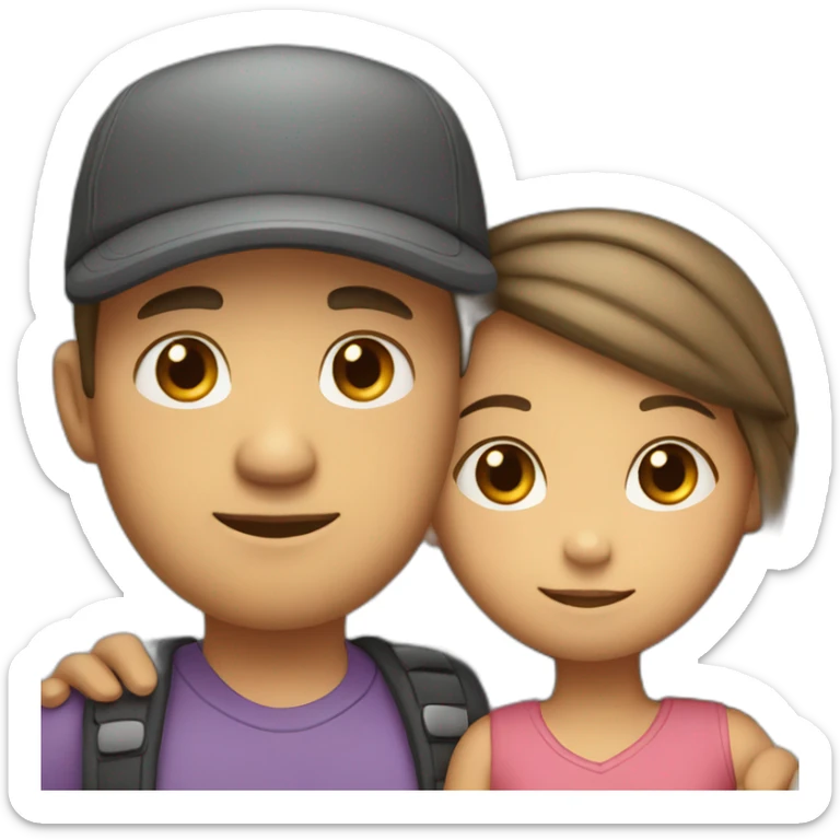 A girl hugs both her parents (light skin color, dark hair - mother with a headdress and father with a cap) sticker