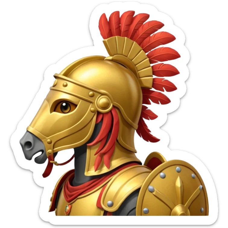 An emoji of a powerful Roman warhorse in full armor, with a feathered helmet. sticker