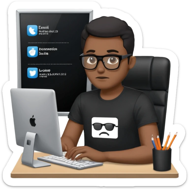 Un homme développeur de teint noir, assis à un bureau moderne avec un ordinateur portable allumé devant lui, écran affichant du code en exécution. Il porte une tenue casual (t-shirt sombre ou chemise simple), lunettes élégantes optionnelles. Expression concentrée, lumière douce venant de l’écran.  sticker