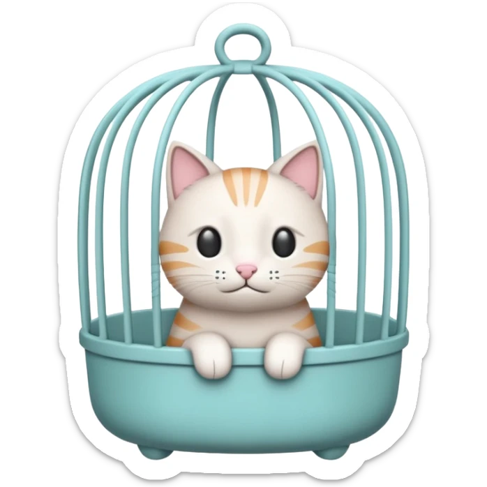 A cute emoji-style cat cage — rounded, cartoon look, clean outline, pastel colors. Vertical metal bars in front, small handle on top, and soft edges. Simple, minimal details, high contrast, with no cat inside sticker