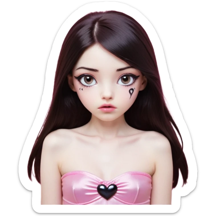 girl with white skin, dark brown long straight hair falling in front of her body, pouty shiny lips without cupid's bow, shiny large eyes with black eyeballs and long eyelashes, lighter button nose, very long oval-shaped face, wearing a pink bandeau top with straight neckline, looking directly at camera with hands down at sides sticker