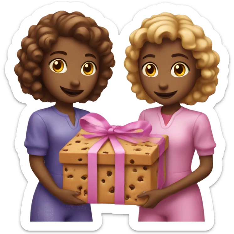 Two girls holding a pink box full of cookies sticker