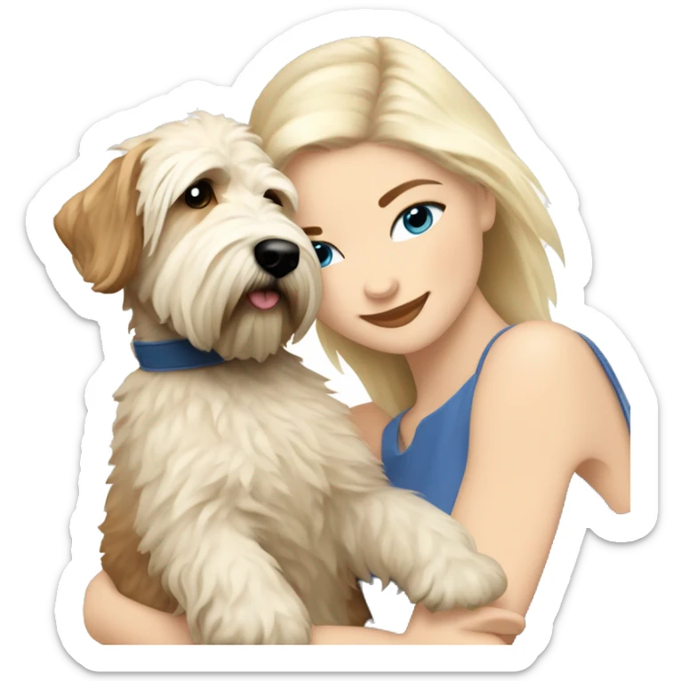 pretty woman blonde hair blue eyes hugging a white soft coated wheaten terrier dog sticker