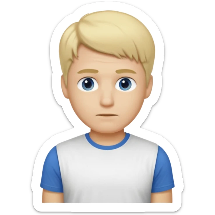 Crée l’emoji d’un homme blond , cheveux court mais un peu de cheveux sur le dessus , yeux bleus , nez avec une bosse, grain de beauté dans le cou. TEE shirt blanc  sticker