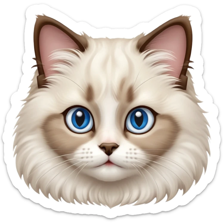 cinematic-adorable-big-eyed-fluffy-ragdoll-cat-portrait-emoji,-head-tilted-playfully-with-a-sweet-expression,-fluffy-white and brown-fur,-simplified-yet-irresistibly-cute-features-with-large,-expression, blue eyed ragdoll cat sticker
