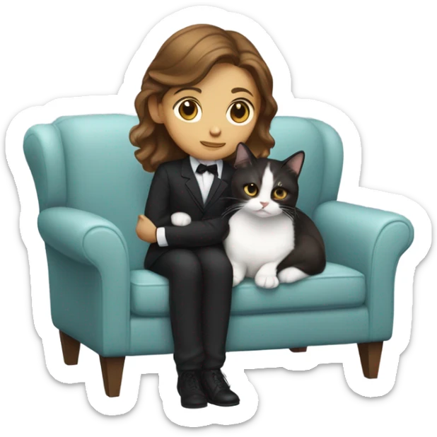 Light skinned woman with brown hair sitting on the couch laptop on her lap next to small black and white tuxedo cat sticker