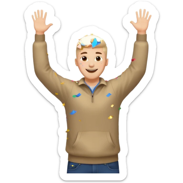 hombre sonriendo saltando con los brazos hacia arriba saltando, con explosivos, confites volando, sticker