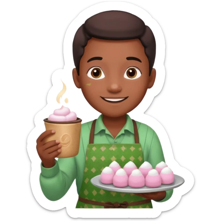 A young black vendor boy with pink cheeks, holding a tray of marshmallow-topped cocoa wearign green patterned apron sticker