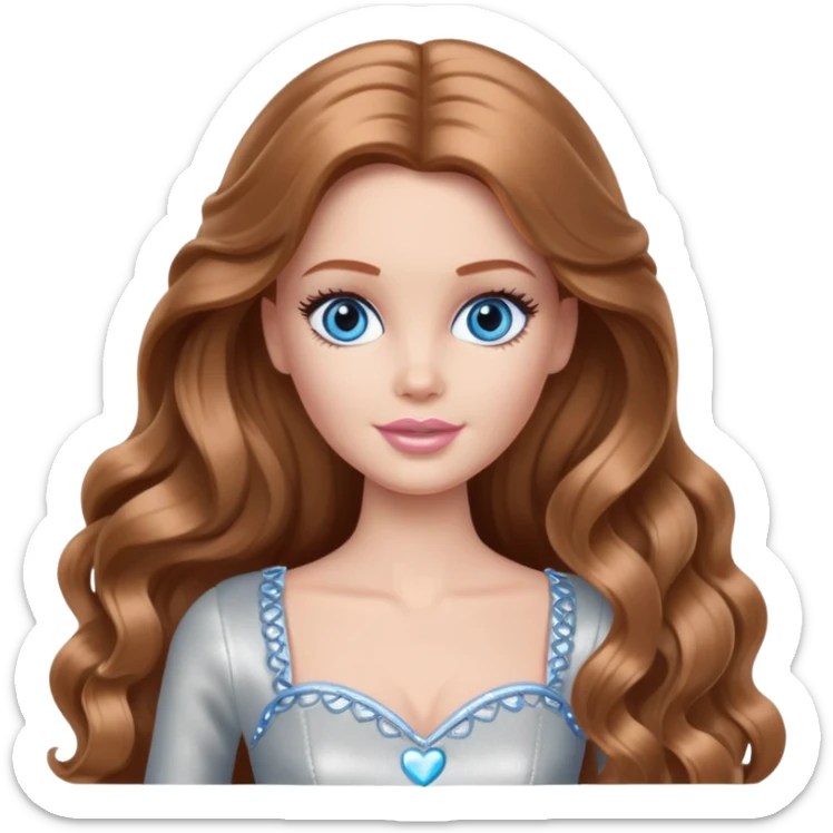 There are grey hearts all around Barbie girl Chestnut long wavy hair and blue eyes is In pale silver clothes sticker