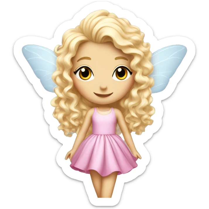 Fairy, a blonde hair with blue eyes and a pink dress with sparkly wings. White wings. The fairy has long, curly hair with a lot of volume sticker