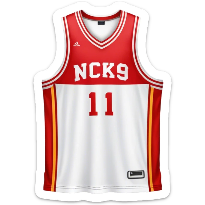 Cinematic Realistic image of a basketball jersey rendered in bold team colors with finely textured fabric and realistic creases, set against an energetic court backdrop with bright, dynamic lighting sticker