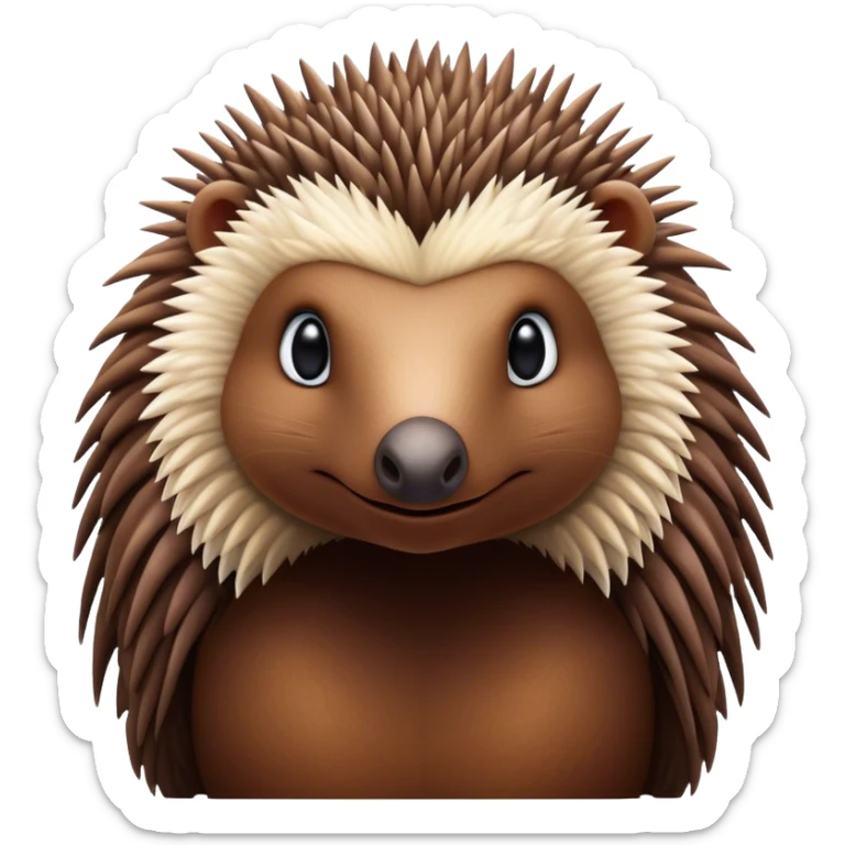 Cinematic Noble Echidna Portrait Emoji, Poised and regal, with a compact, spiky build and a textured, bristly fur in earthy browns, a distinctive pointed snout and keen, soulful eyes, Simplified yet sharp and sophisticated features, highly detailed, glowing with a warm, dignified glow, high shine, intelligent and resilient, stylized with an air of prickly elegance, focused and attentive, soft glowing outline, capturing the essence of a watchful and confident echidna, so majestic it feels as though it could scurry out of the screen with effortless authority! sticker