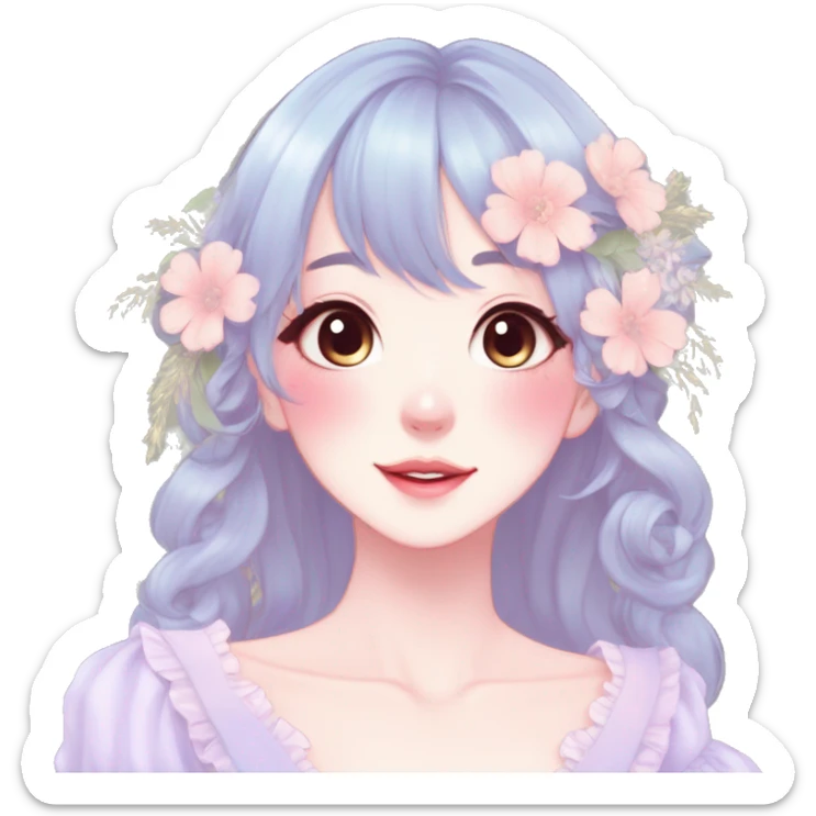 Gorgeous pastel anime style lady with blushing face and flowers cottagecore fairycore pastelcore colorful pearly romantic simplistic aesthetic trending style sticker