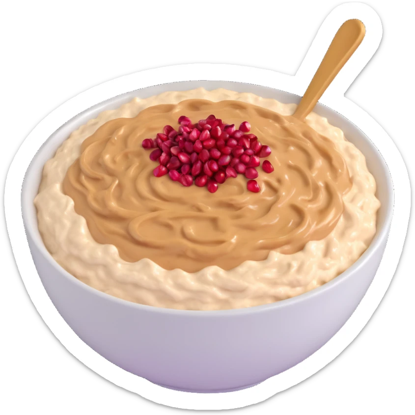 bowl of creamy oatmeal topped with swirls of peanut butter, shredded coconut, and ruby red pomegranate seeds sticker