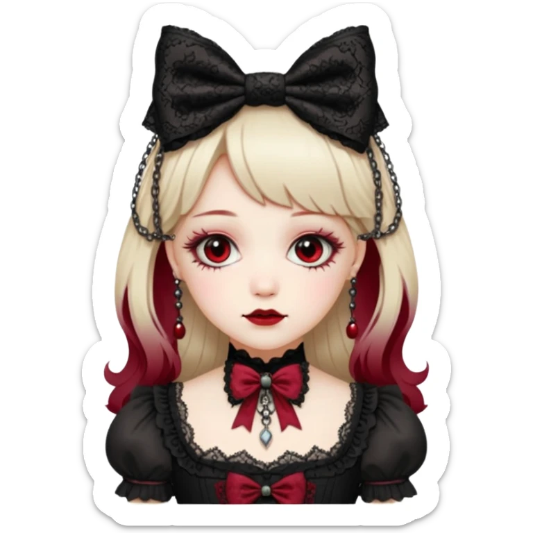 gothic lolita bow, ornate lace, black and crimson, delicate chains, Victorian influence sticker