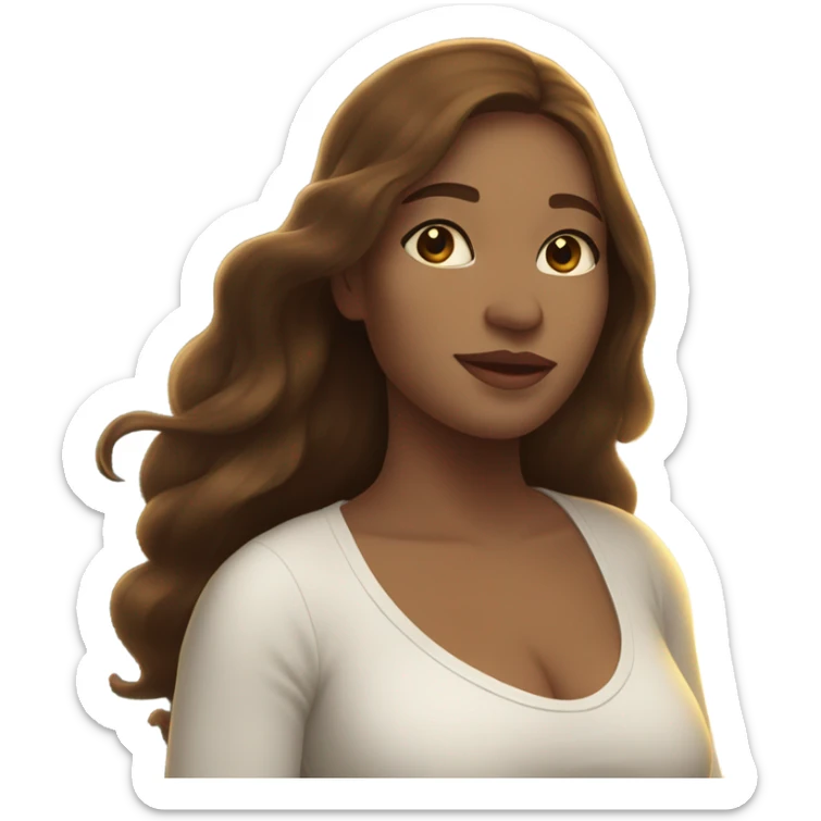 A pregnant woman with long brown hair, wearing a white dress on the side of a glowing river. In the background is a city with a beautiful sunset and trees in front of it. sticker