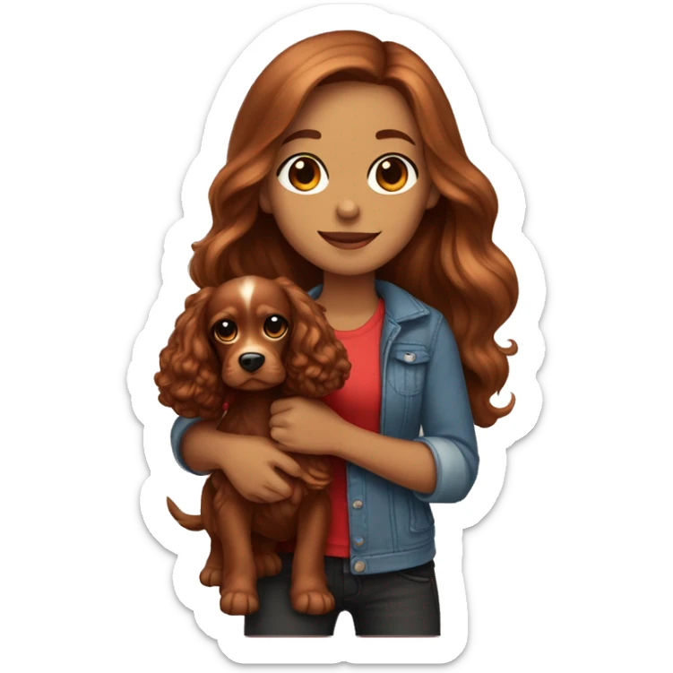 Beautiful stylish girl with brown long hair holding in her arms red puppy Cocker Spaniel sticker