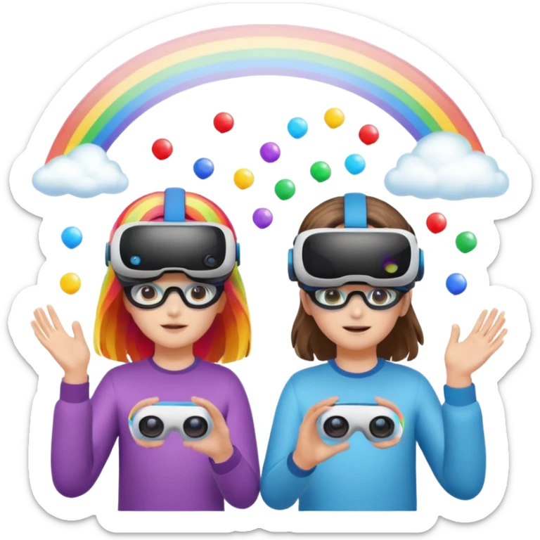 Human girl and boy Show a VR headset or AR glasses, symbolizing the immersive hair experience. Include virtual objects or a 3D scene floating in the air in front of rainbow Make the background transparent. sticker