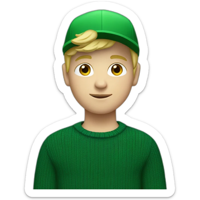 a boy with blond hair, a green sweater, black pants and black shoes and a green cap sticker