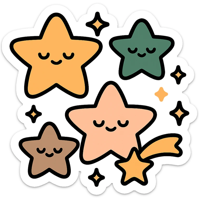A  collection of cute, glowing stars floating gently in a soft, dreamy sky. The stars vary in size and are designed in a warm and whimsical color palette: golden orange (FA9B41), deep forest green (4A7C5C), muted taupe brown (96775A), and pastel peach (FFCC9A). Each star has a soft, rounded shape with tiny smiles or sparkles on their surfaces, giving them a friendly, magical look. Some are twinkling, while others leave gentle trails of light in peach and gold. The background is softly lit, creating a cozy, enchanted atmosphere like a bedtime story illustration. sticker