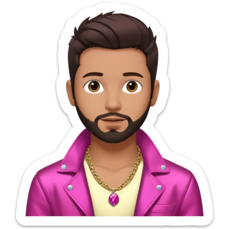 Frankie Zulferino, Pop Singer (b.1990) with dark brown hair and short beard shirtless with necklace, dark pink metallic jacket sticker