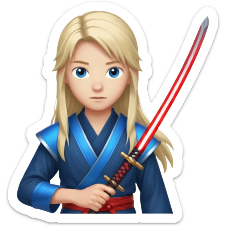 A 14 year old with red glowing katana and his hair be long and eye colour of blue with beautiful background sticker