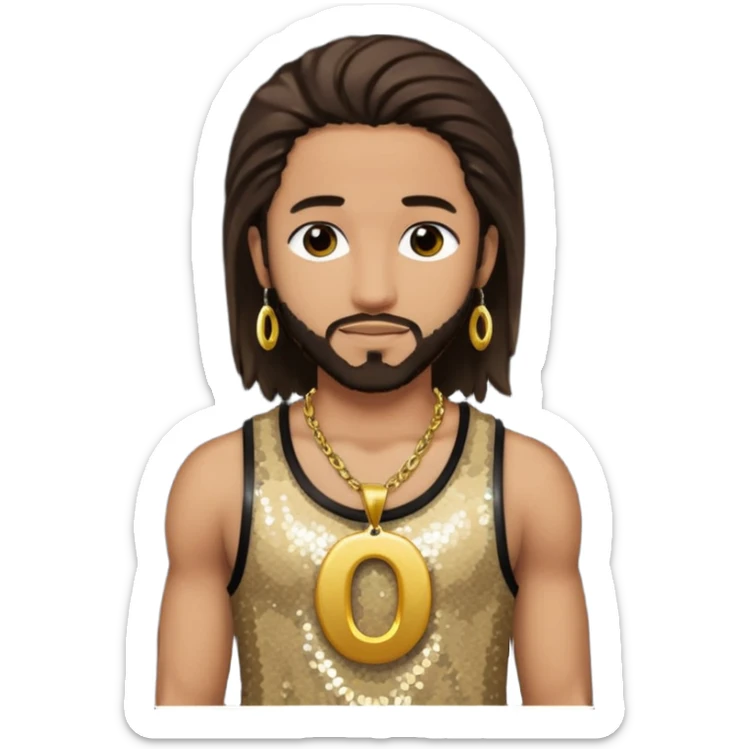 Omarion with long dark brown hair, dark brown sequin tank top, necklace with letter o sticker
