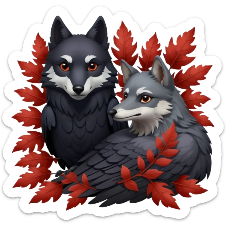 A raven bird and a wolf laying together with Weirwood leaves beneath them  sticker