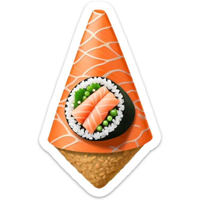 Temaki, japan food in a inverted cone, black with salmon on top sticker