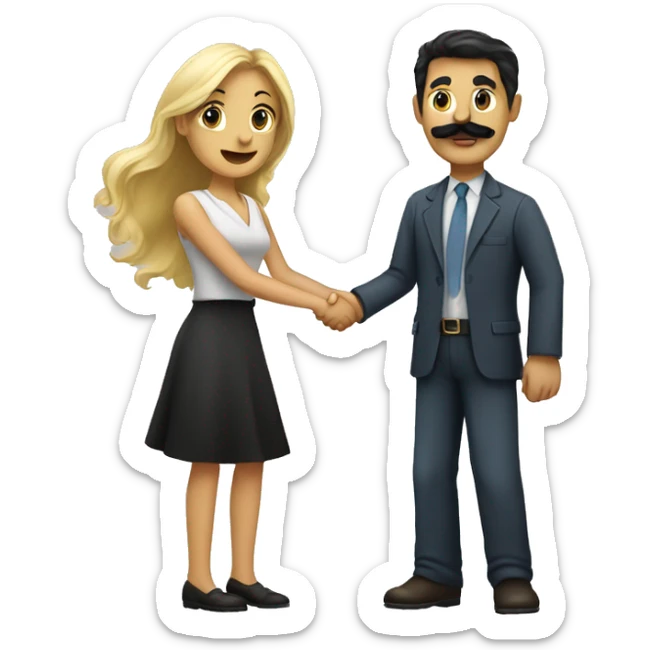 blonde woman shaking hands with dark hair dark eyed man with mustache  sticker