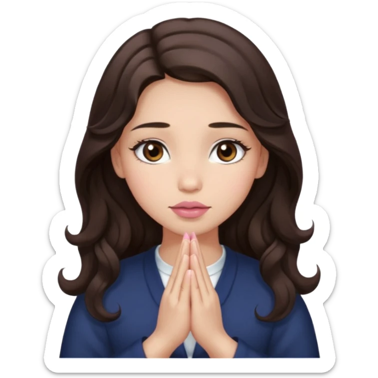 girl with wavy long glamorous dark brown hair, brown eyes, light to medium complexion, long lashes, light pink lipstick, praying sticker