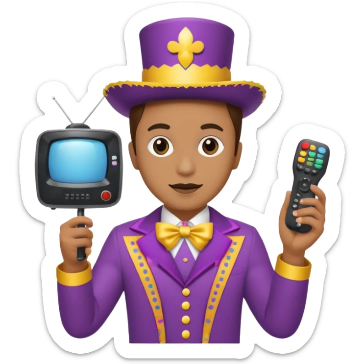 Uma pessoa com um controle remoto de televisão na mão e vestida de fantasia de carnaval sticker