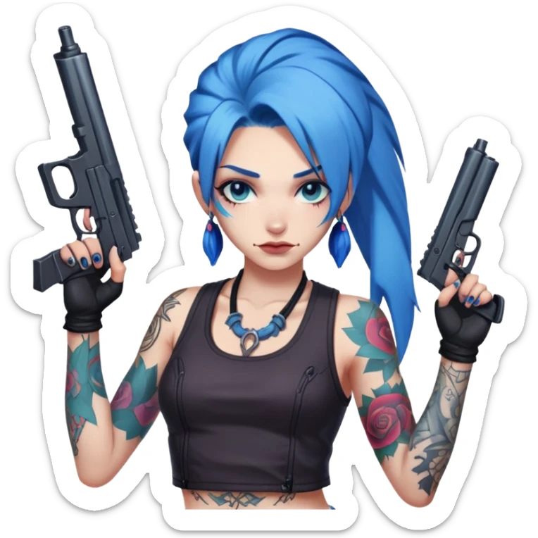 Jinx from League of Legends with blue hair and tattoos, holding guns sticker
