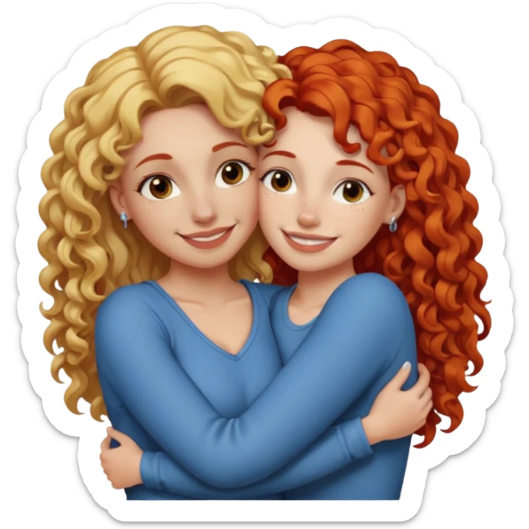 A woman with straight, blonde hair and a nose piercing and a woman with curly red hair and a nose piercing are hugging and smiling together. sticker