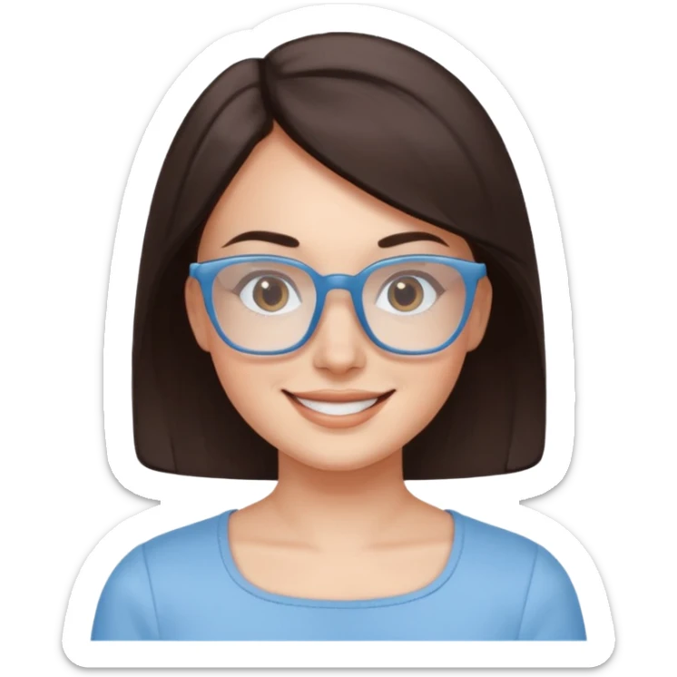 mujer de 30 años, cabello marron oscuro, anteojos cuadrados BLANCOS, top celeste escote cuadrado, piel blanca, cara redonda sticker