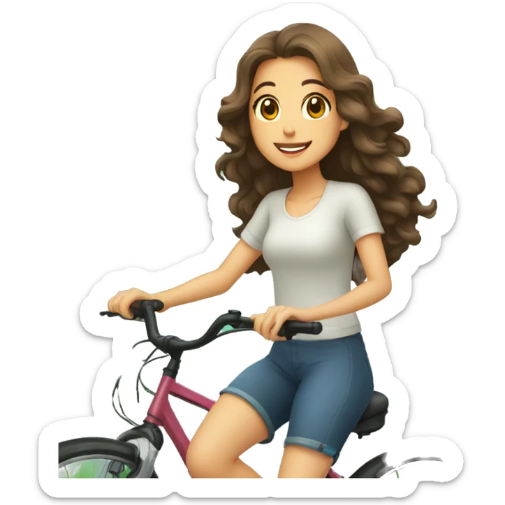 Fair looking Taiwanese girl with curly long hair riding bicycle early in the morning with trees in the background sticker