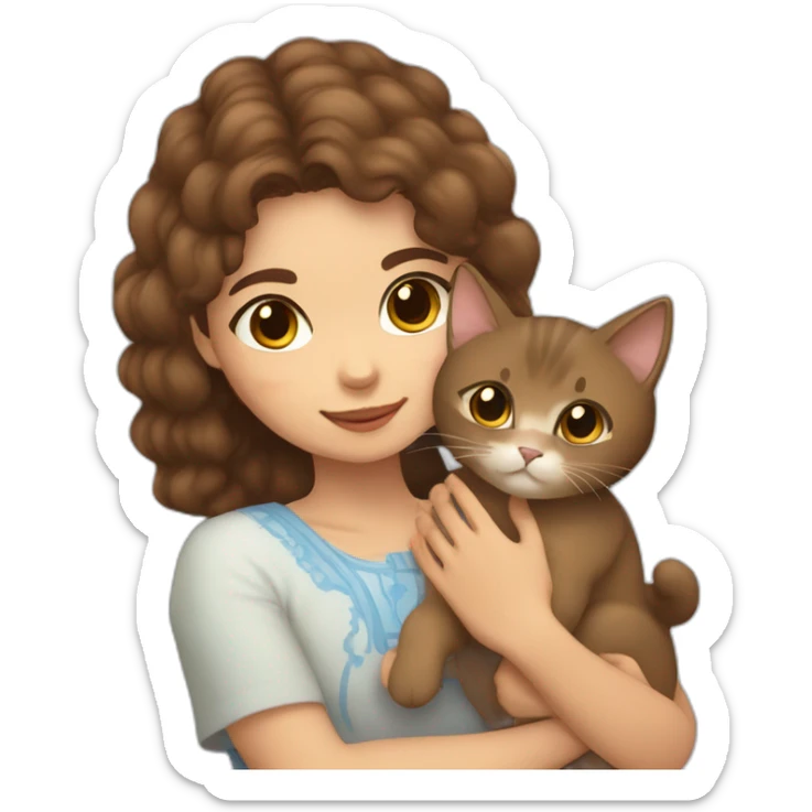Light skin kabyle girl with brown hair and eyes petting a fluffy brown cat sticker