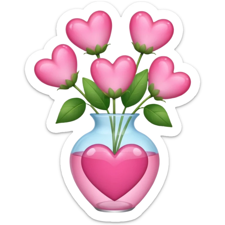 glass vase shaped like a pink heart holding pink heart-shaped flowers sticker