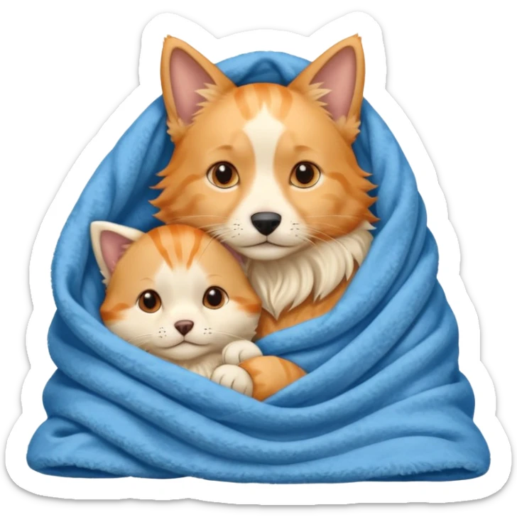 An Orange cat with pointy ears and an English cream retriever dog in a blue blanket  sticker