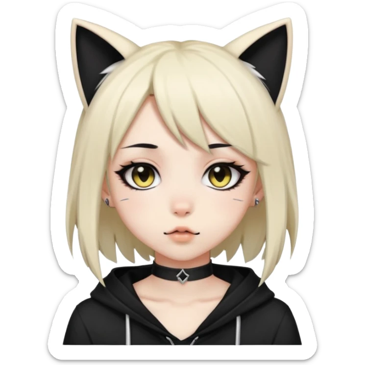 An anime emo girl with a side lip ring, black medium length hair, and cat ears sticker
