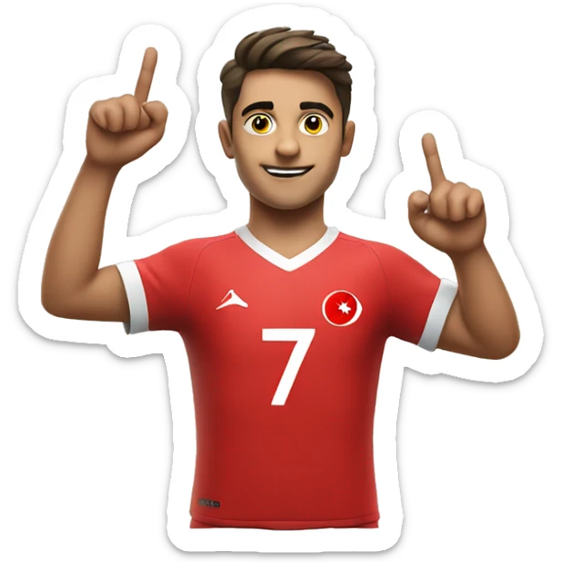 A young Turkish football player holds his jersey emblem with his right hand, points the sky with his left hand sticker
