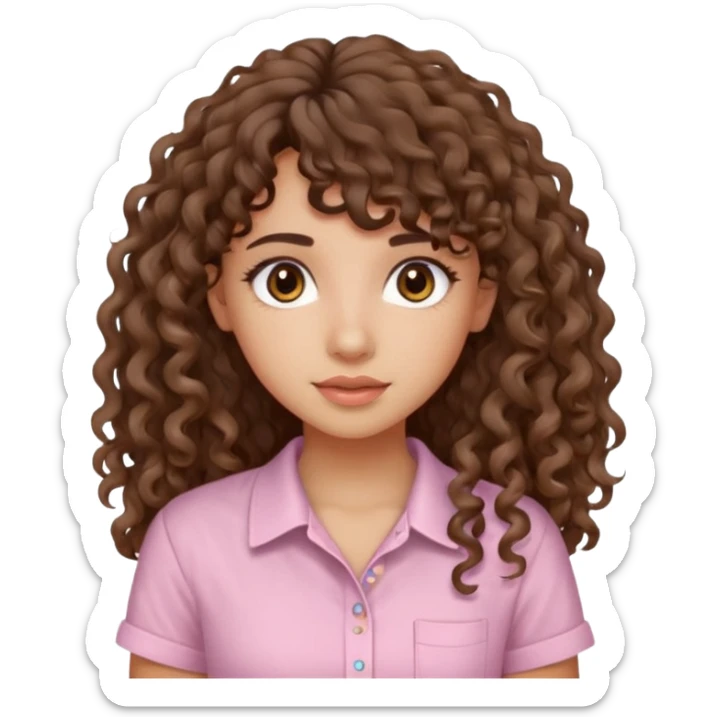 A Latina girl with brown eyes and long loose curly hair with curly bangs with a light pink shirt sticker